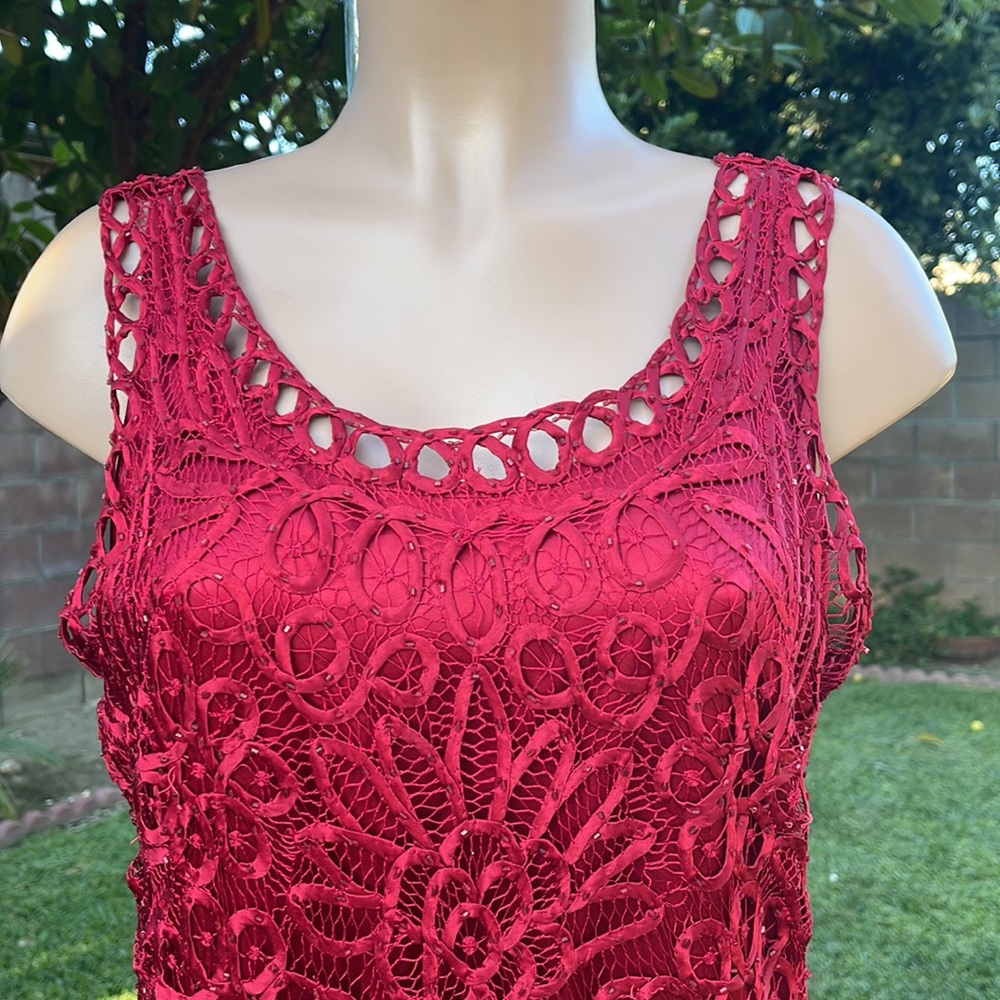 SOULMATES 💯% Silk, LONG sz XL” womens  Sleeveless Red Lace Cocktail  Dress